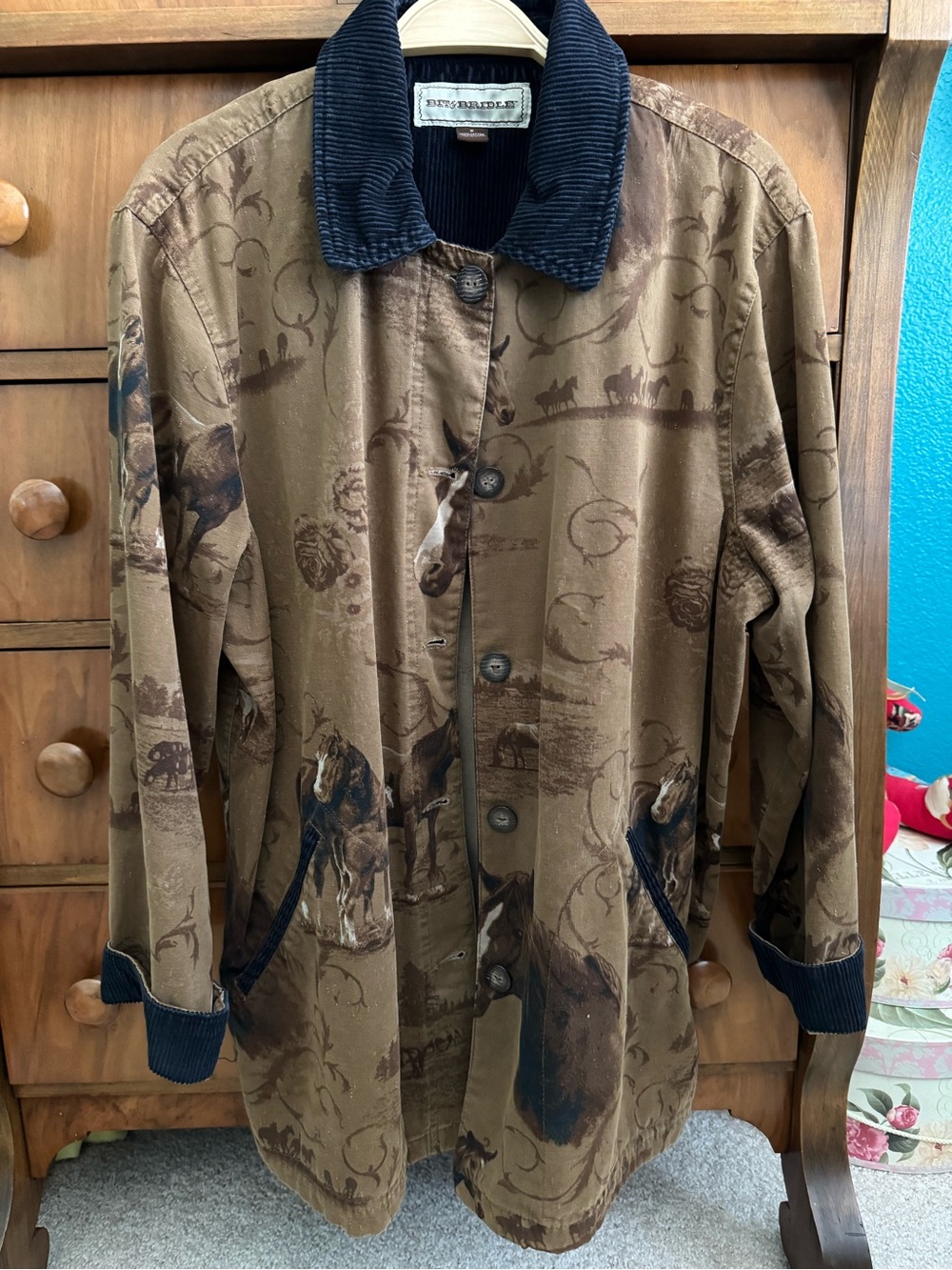 Bit & Bridle Brown Horse-Print Barn Jacket with Black Corduroy Collar